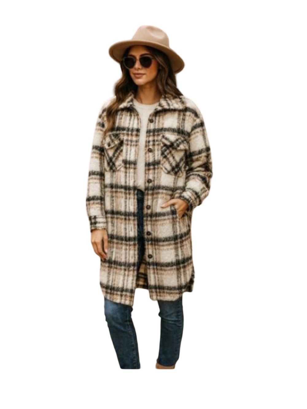 Blank NYC Plaid Long Shacket with Black & Tan Accents M EUC